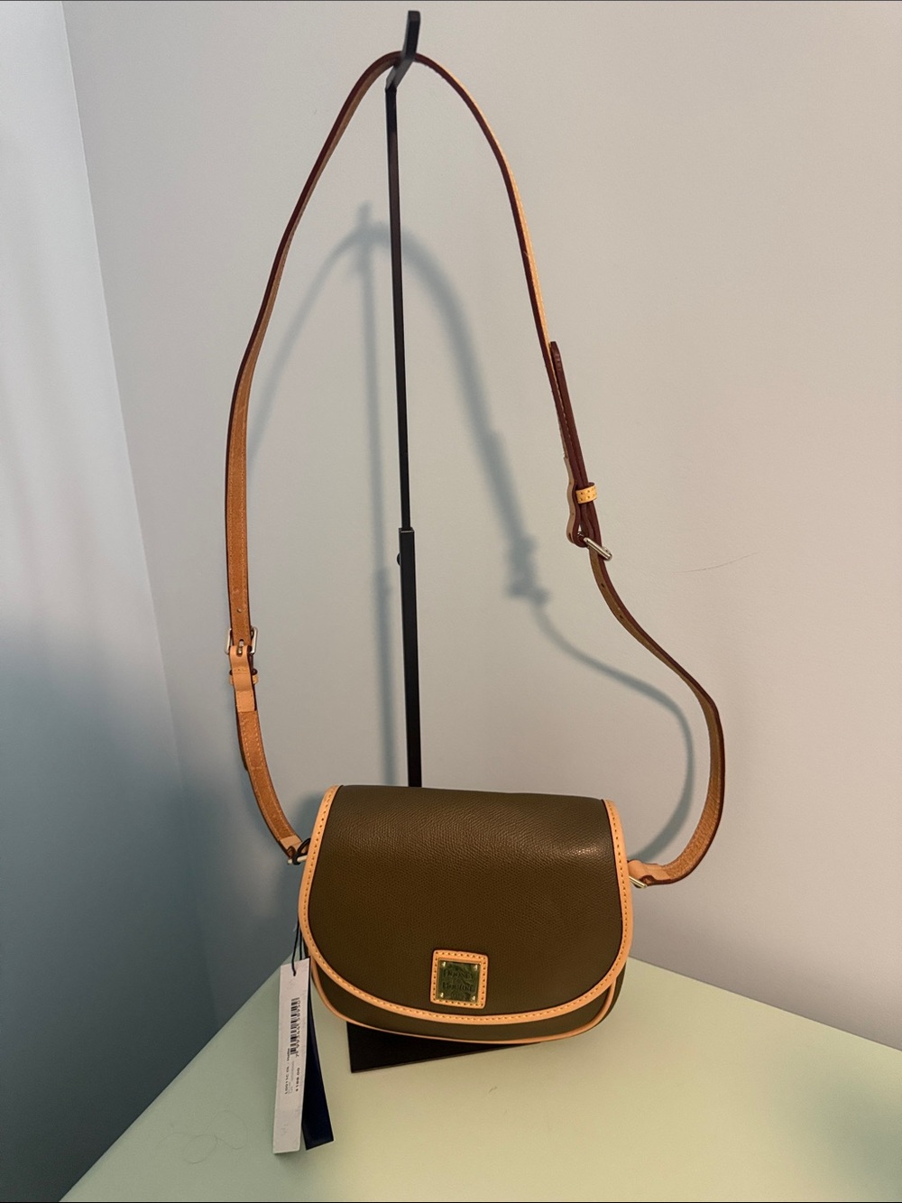 Dooney & Bourke Olive Pebble Leather Crossbody with Tan Trim and Gold Plaque